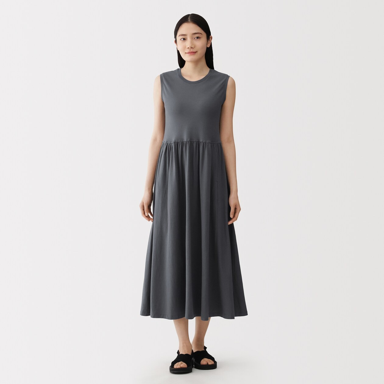 MUJI Womens 100% Cotton High-Twist Sleeveless Dress Smoky Blue FedEx