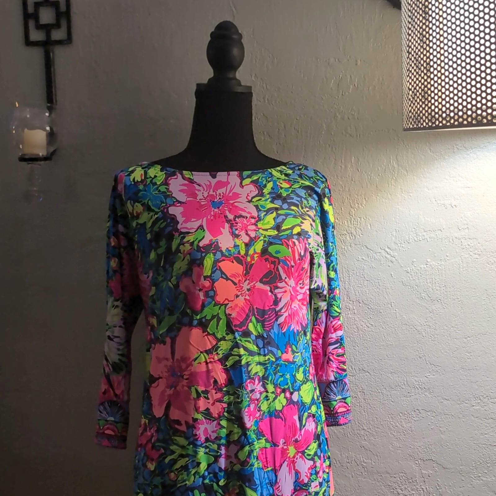 Lilly Pulitzer Knit Floral Shift Dress S 3/4 Sleeve Boat Neck Knee Length
