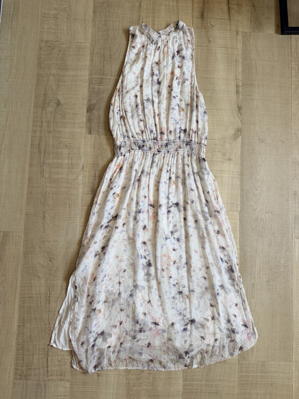 Bella Dahl White Floral High Neck Smocked Waist Fit & Flare Dress L