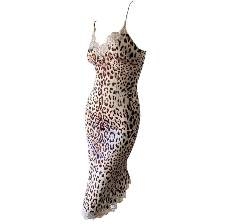 Roberto Cavalli Class Vintage 2010 Lace Trim Leopard Print Silk Slip Dress US 8