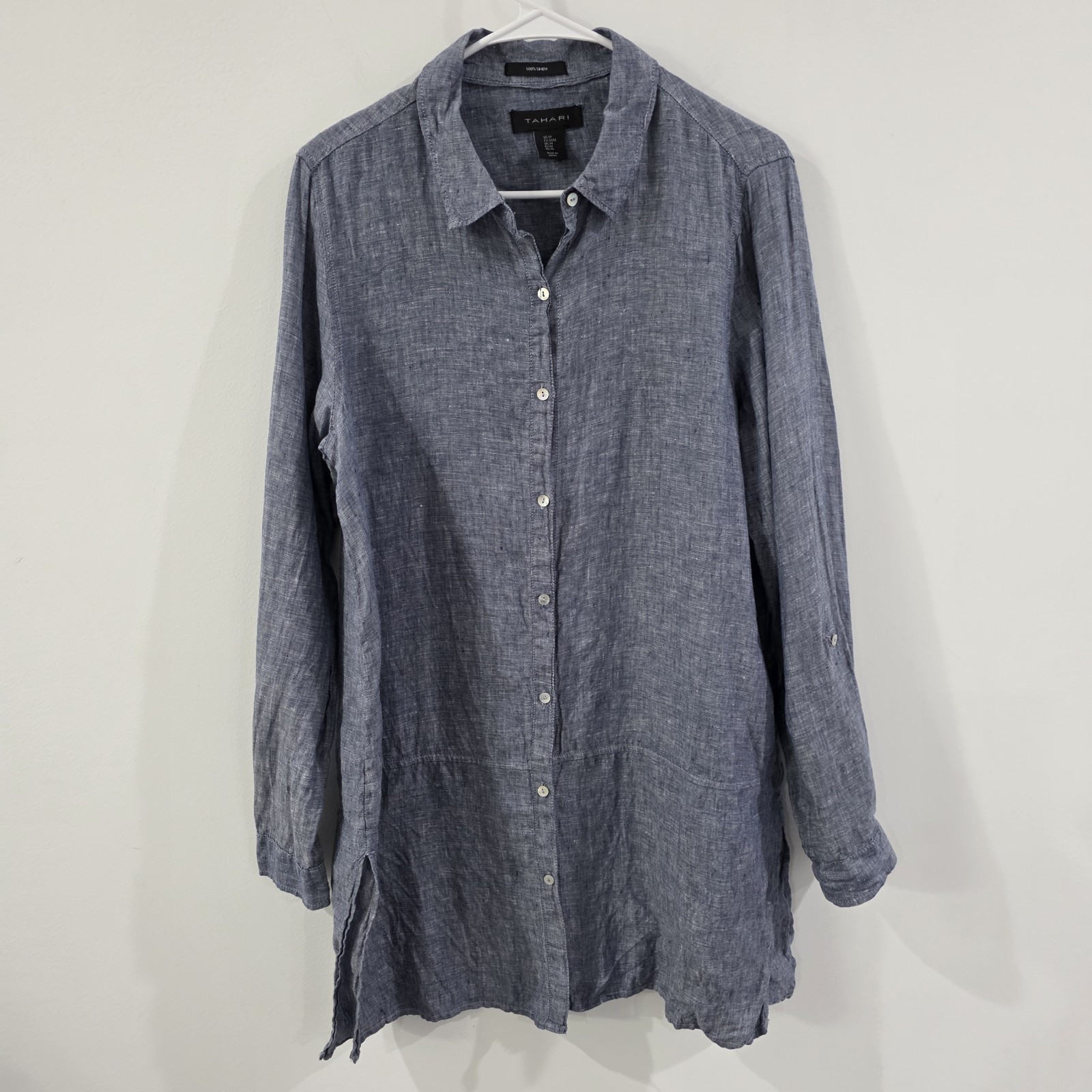 Tahari Womens Linen Shirt Dress Size Medium Button Up Coastal Beach Euro Summer