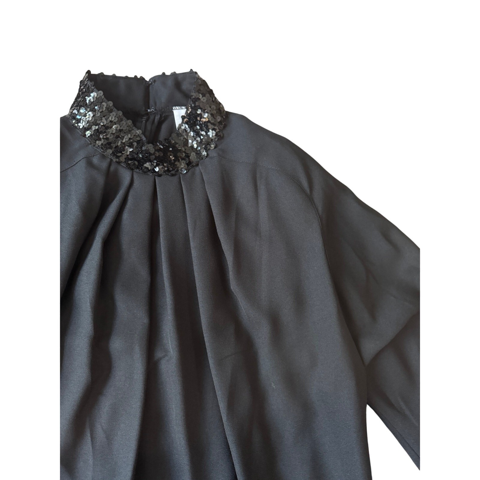 Vintage (Original Tags) | Black Sequin Collar Woven Crepe Dress | Size 18