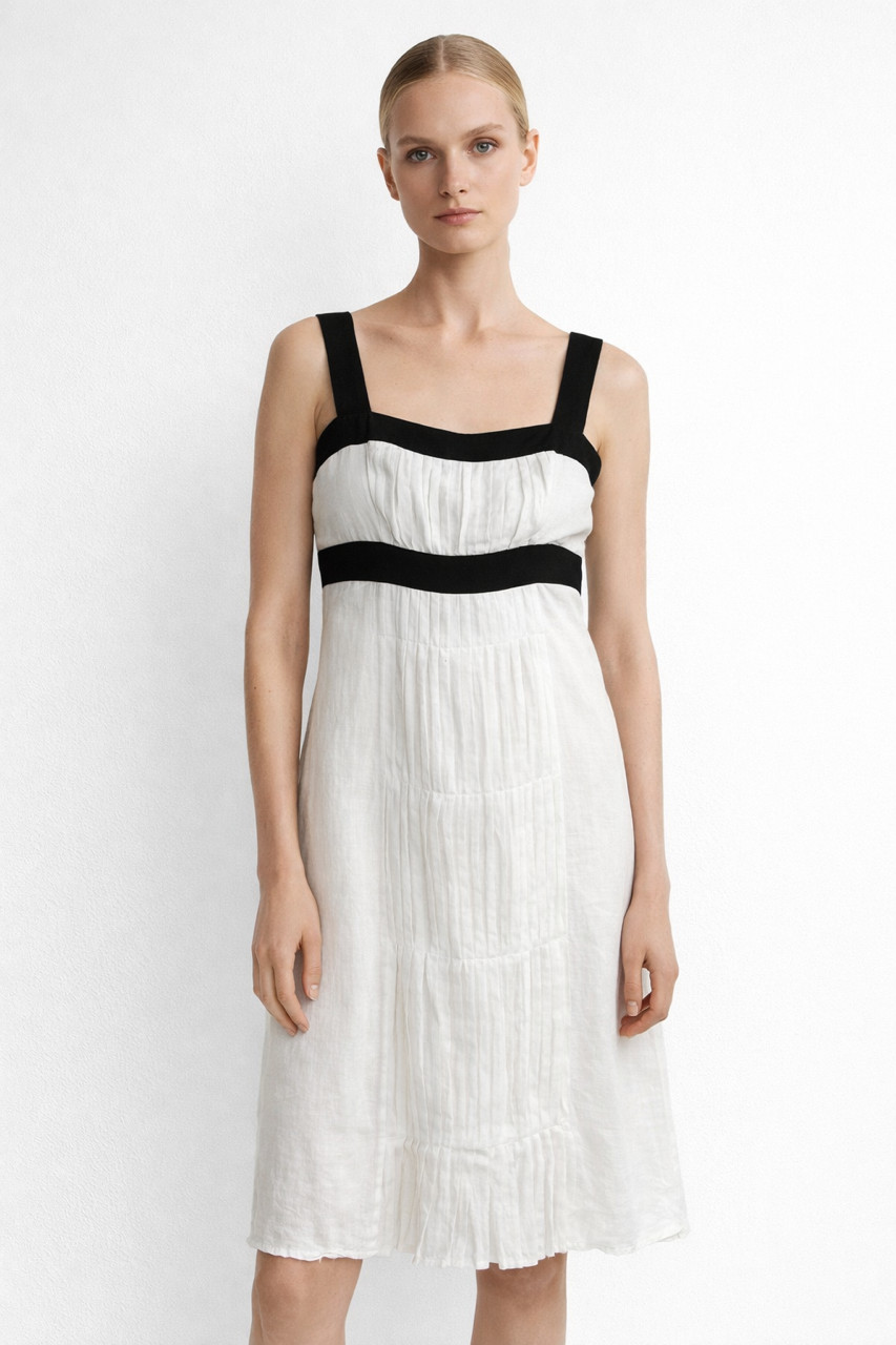 BURBERRY London White Black Trim Pleated 100% Bamboo Lightweight Dress 6US = 8UK