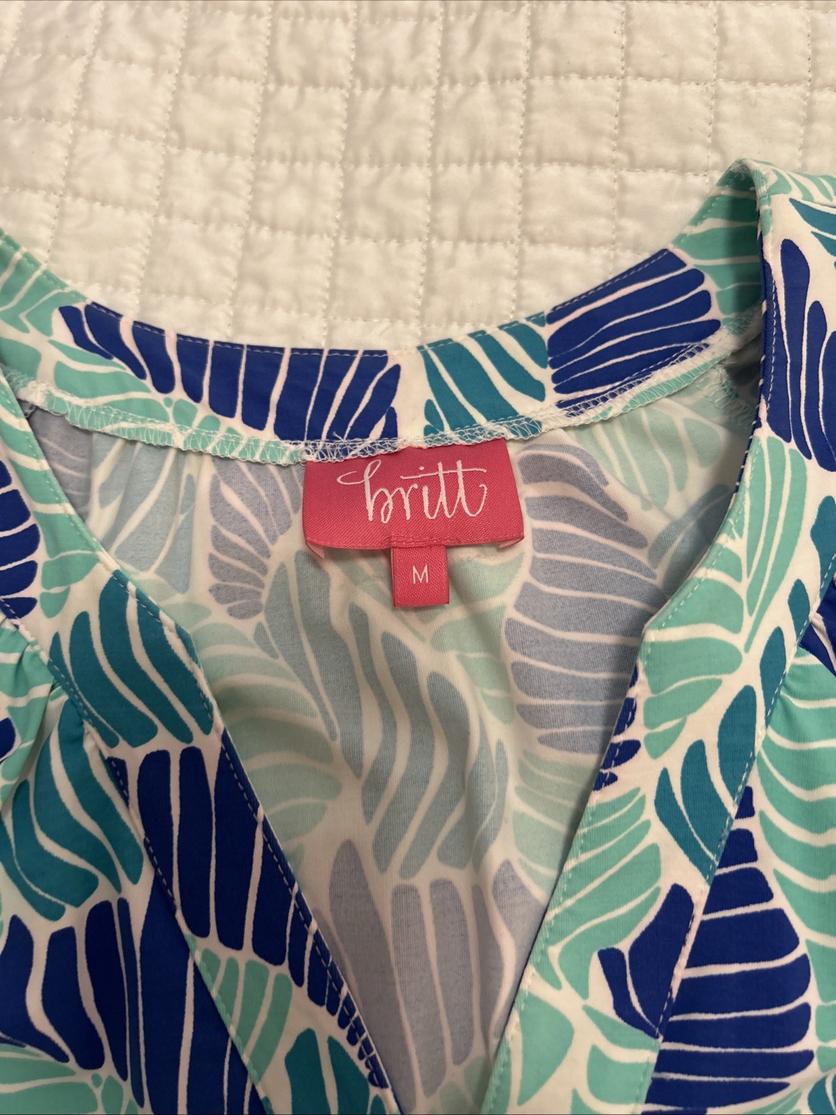 Resort Beach Shift Dress Britt Navy Aqua Leaf Dress Lightweight Medium Nylon