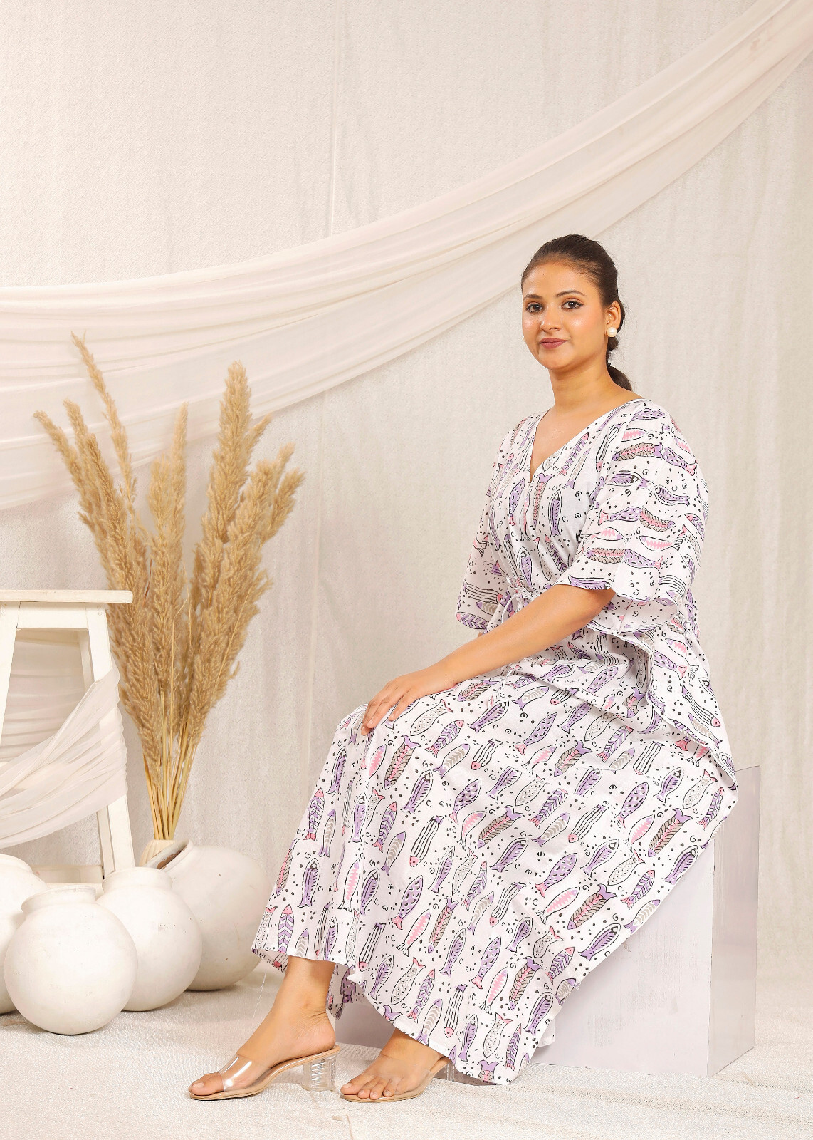 100% Cotton Dress Fish Print Kaftan Summer Casual Outfits Most Comfortable Dress