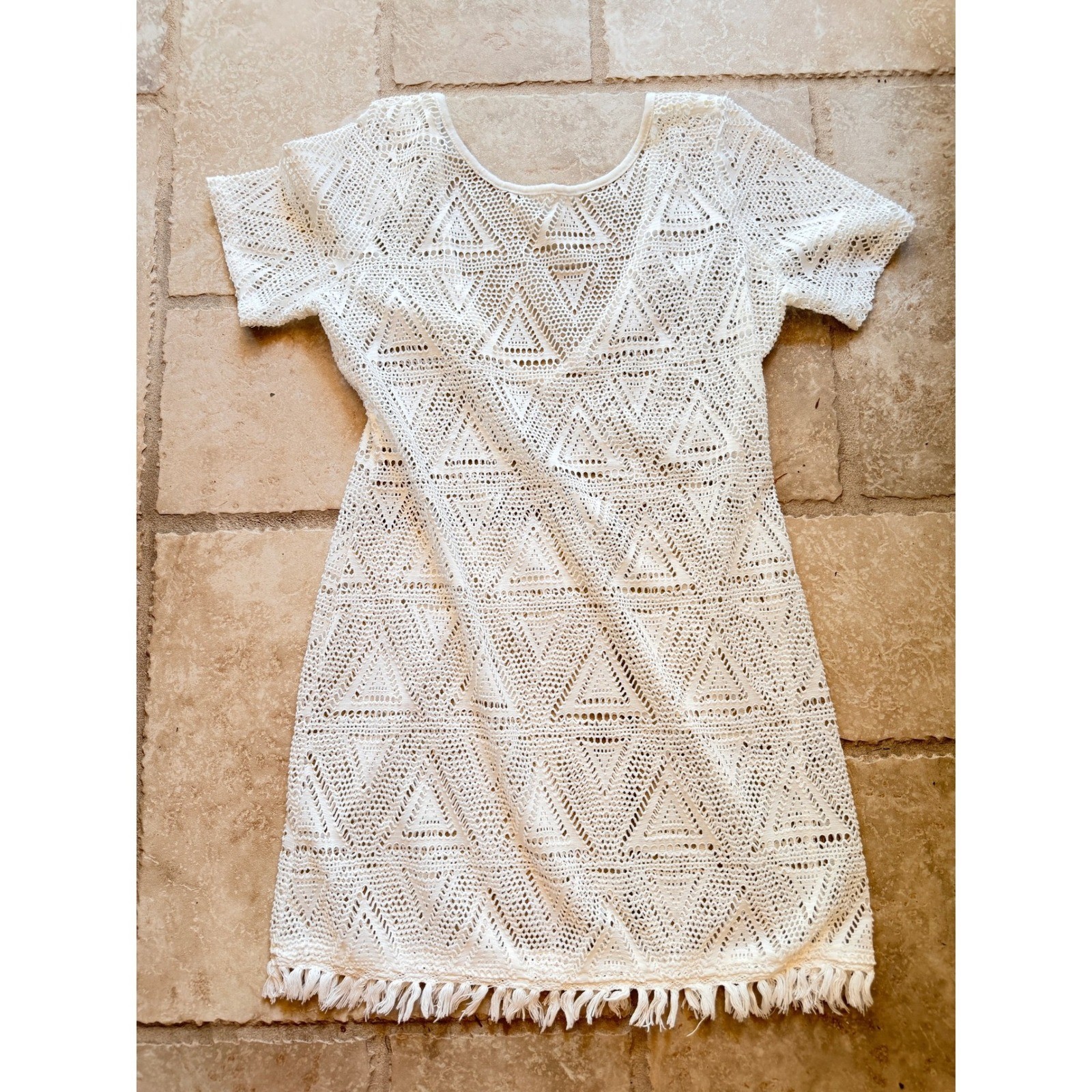 White Crochet Geometric Triangle Fringe Mini Coverup Dress