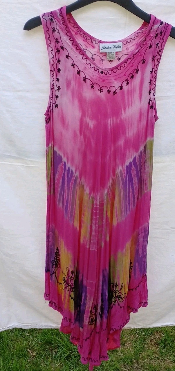Jessica Taylor Sundresss Pink Tye-Dye One Size Rayon Stretchy Gauzy Embroidered