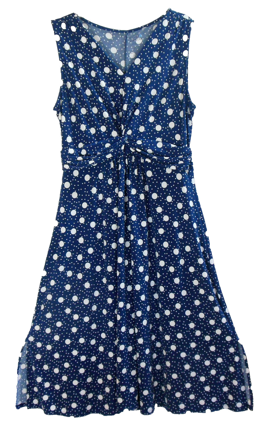 Croft & Barrow Dress M Navy Blue & White Polk-a-Dot Cummerbund Waist V-Neck EUC