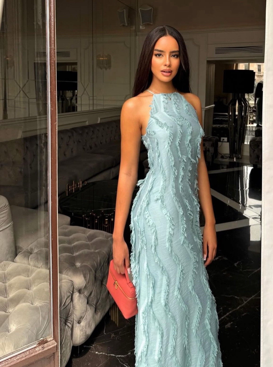 ZARA NWT XS, M, HALTER MIDI DRESS WITH FRINGING REF. SEA GREEN | 3564/114