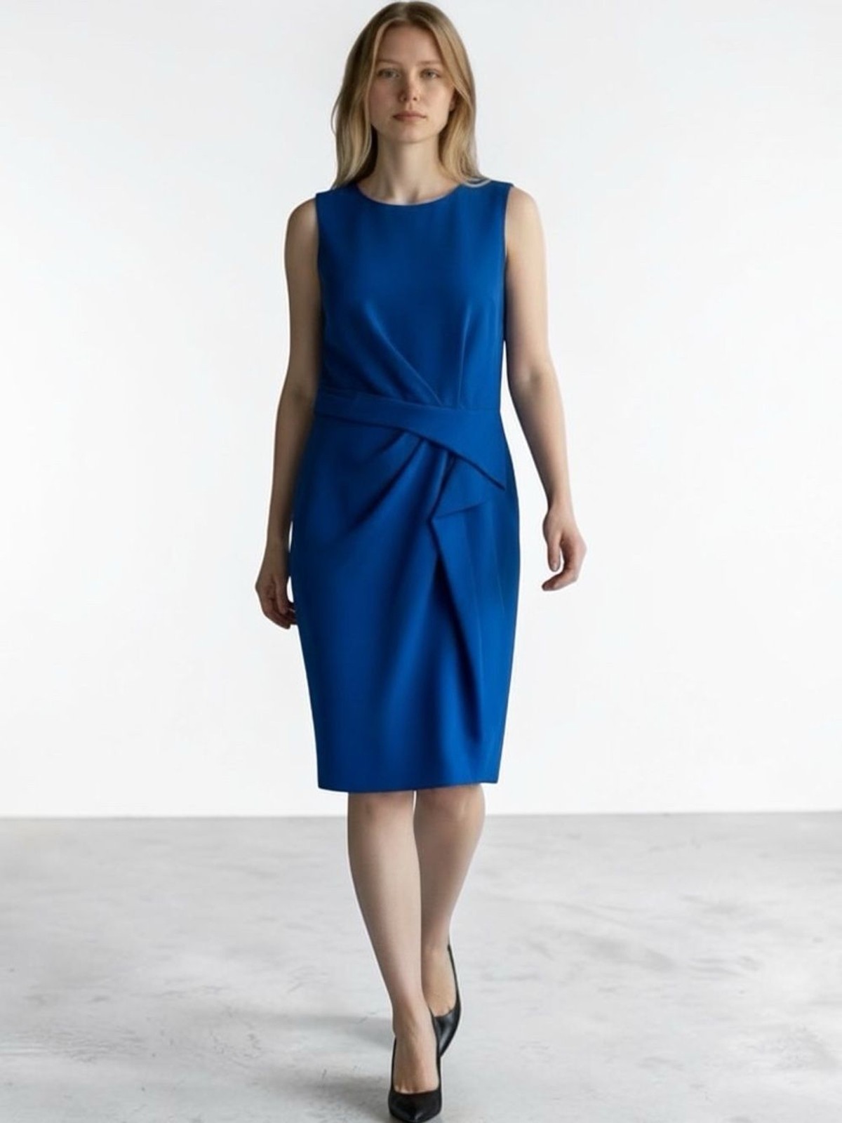 Halston Heritage modern, elegant Sapphire Blue Draped Sheath Dress Size 12