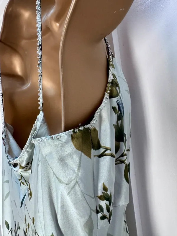 Monsoon 100% Silk Vintage Floral Cami Midi Dress UK 14 Sage Green Wedding Guest