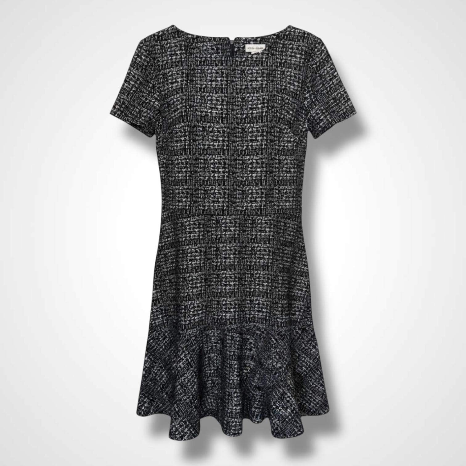 Maison Jules Tweed Dress Size L Flounce Hem Short Sleeve Black and White,