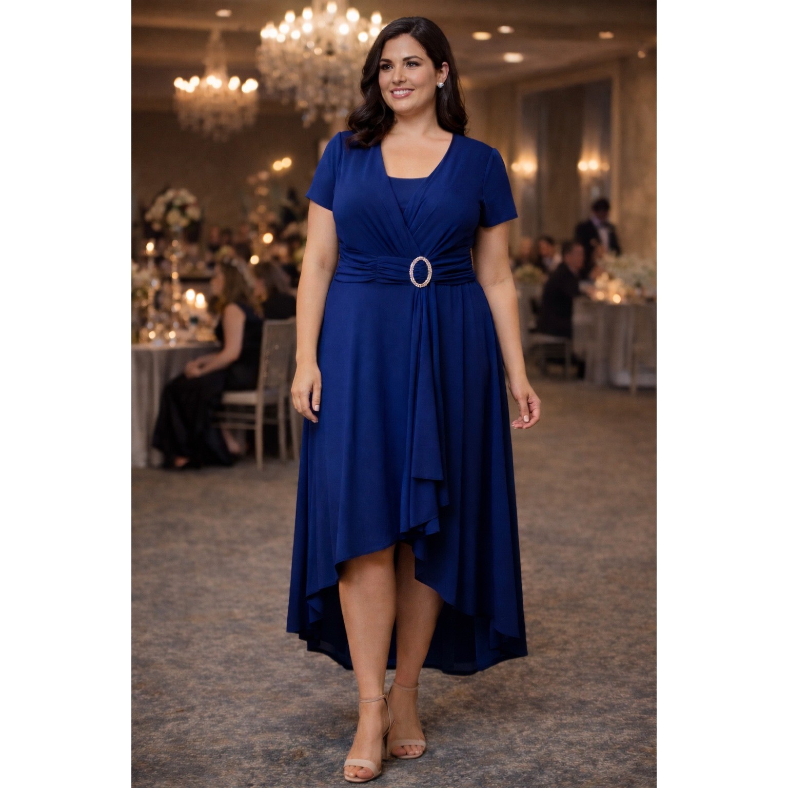 R&M Richards Dress Sz 14 Electric Blue Stretch Rhinestone Buckle Wedding New