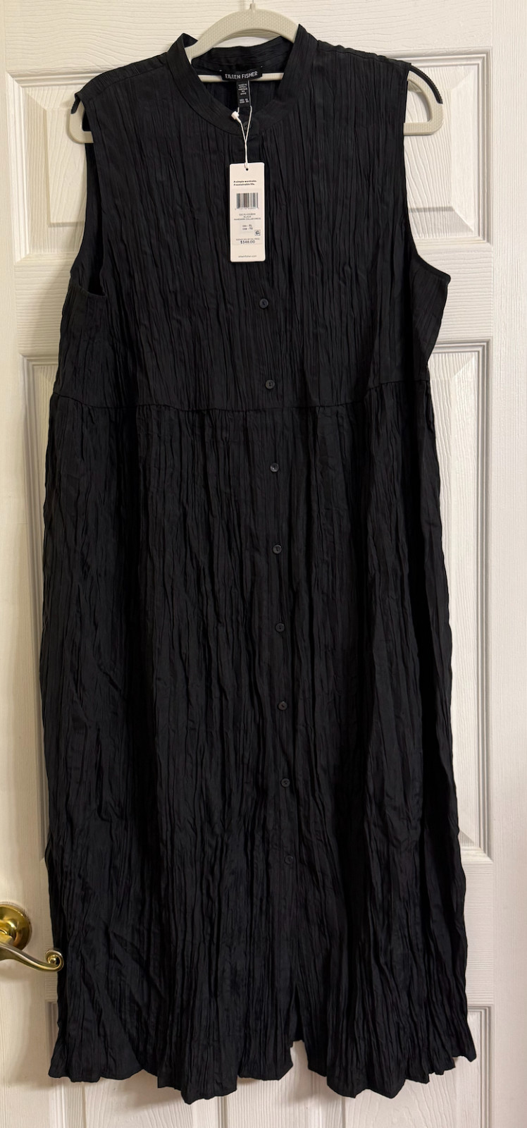 NWT $348 Eileen Fisher Black Crinkle Silk Habutal Mandarin Collar Dress M L XL