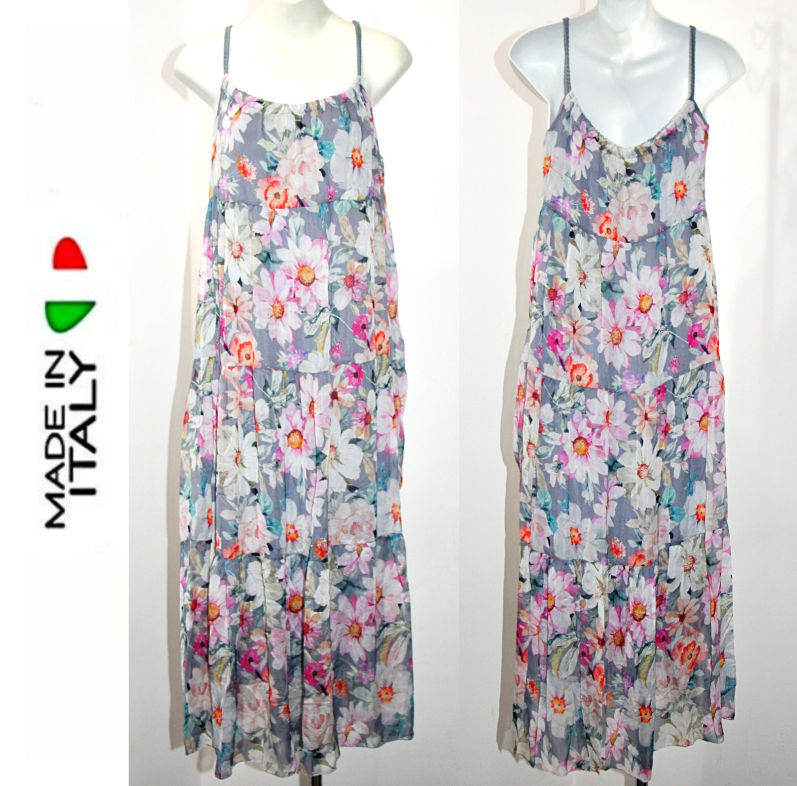 ELENA BALDI Airy Silk-Blend Braided Straps Tiered 52″Long Maxi Dress Grey sz XL