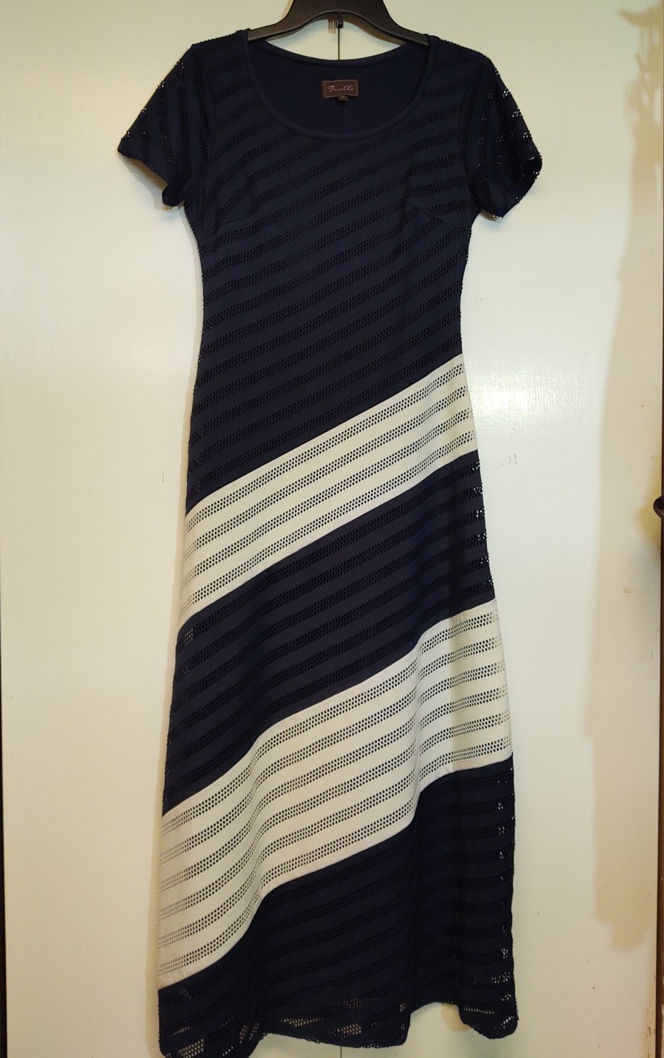 TRULLI Maxi Dress Navy White Size Small Diagonal Stripe Lined Pointelle