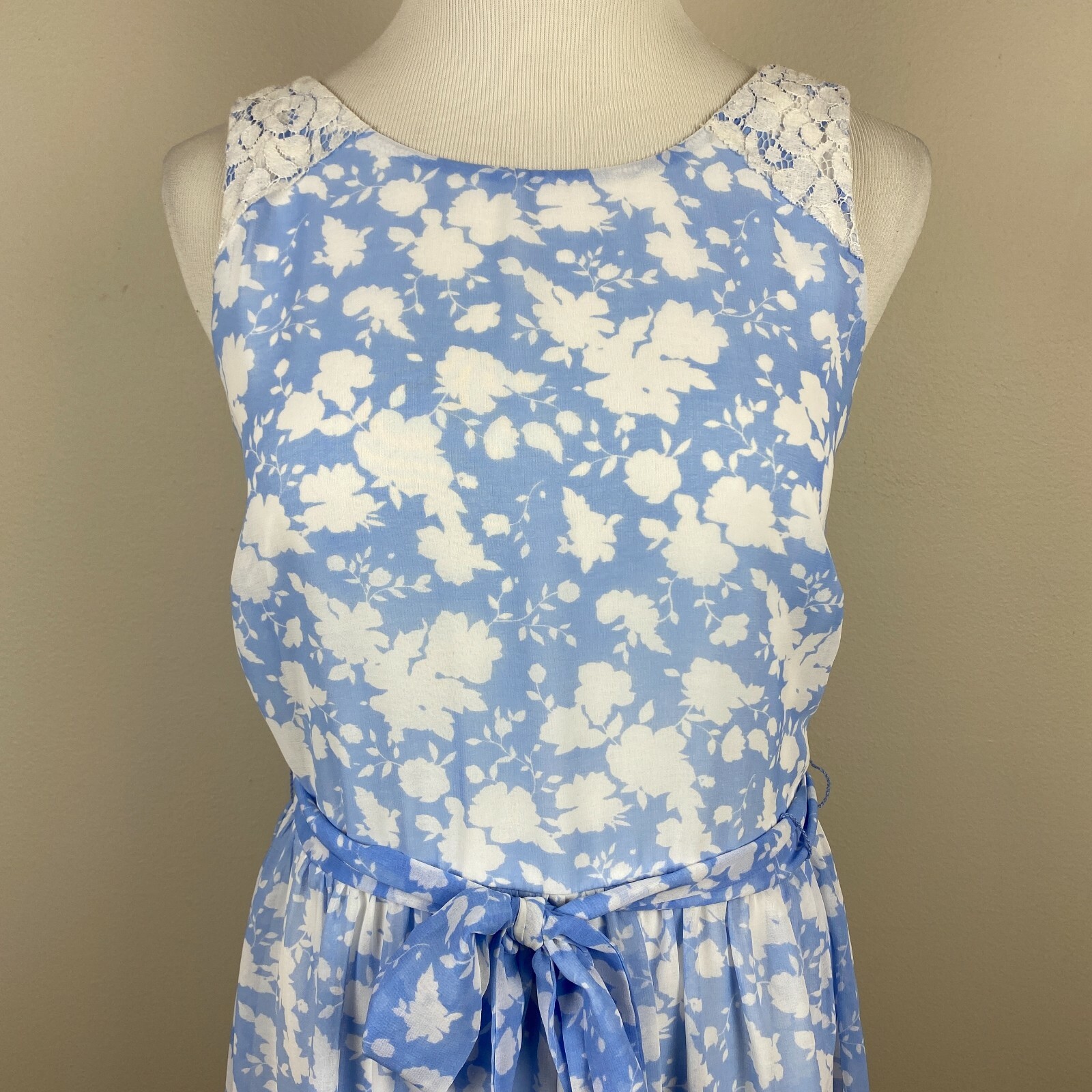 Disney Alice Dress Medium Blue White Colleen Atwood A-Line Belted Floral Lace