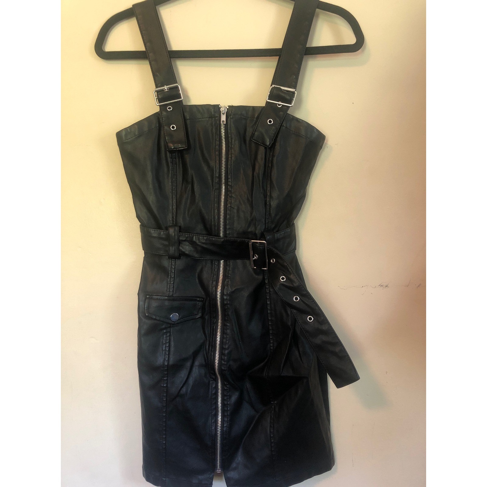 H&M Divided Black Faux Leather Zip Mini Pinafore Biker Dress Belt Buckle Strap 4