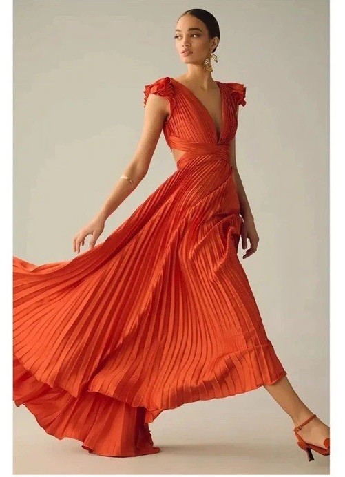 Mac Duggal Leena Pleated Flutter Sleeve Deep V Neck Lace Up Gown Size 12.