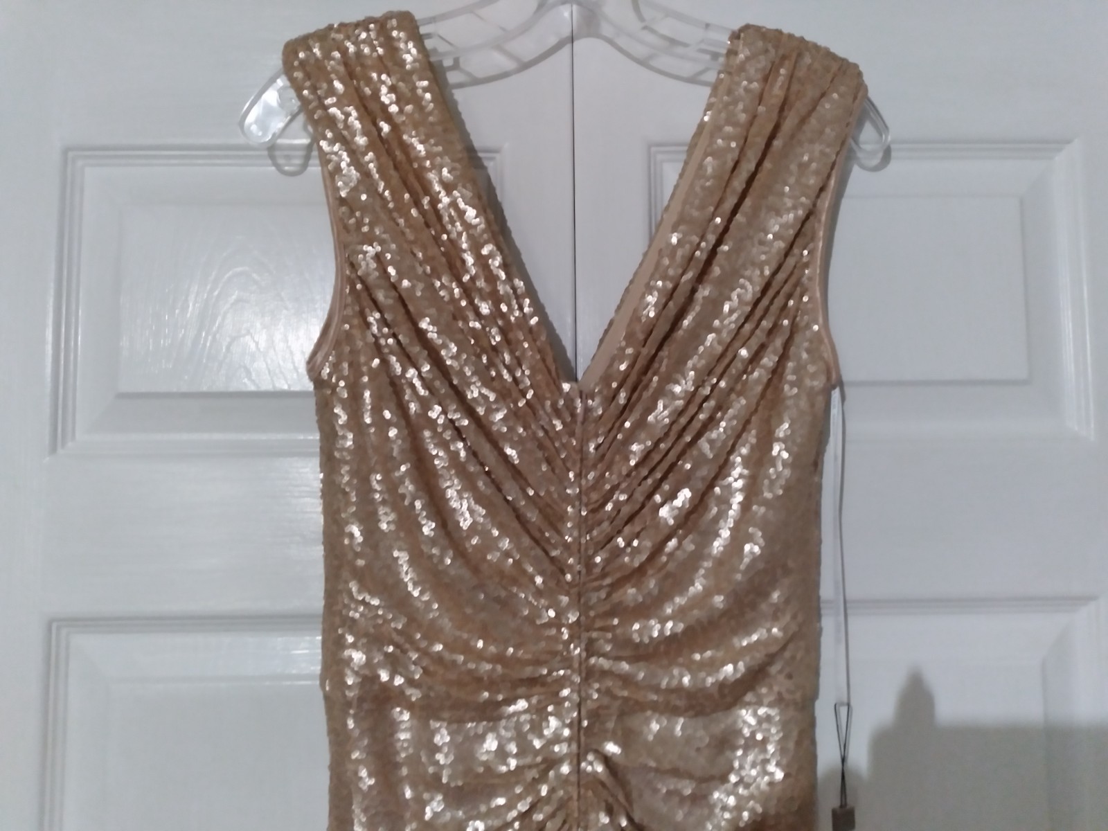 NWT Tadashi Shoji Champagne Lace Sequin Sleeveless Ruched Long Gown Dress MEDIUM