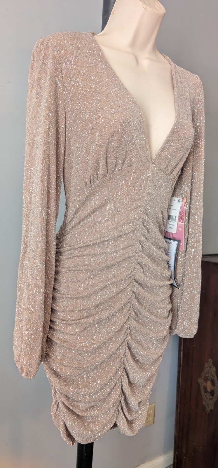 NWT Emerald Sundae Womens Silver Taupe Glitter Draped Front Dress M Ruched