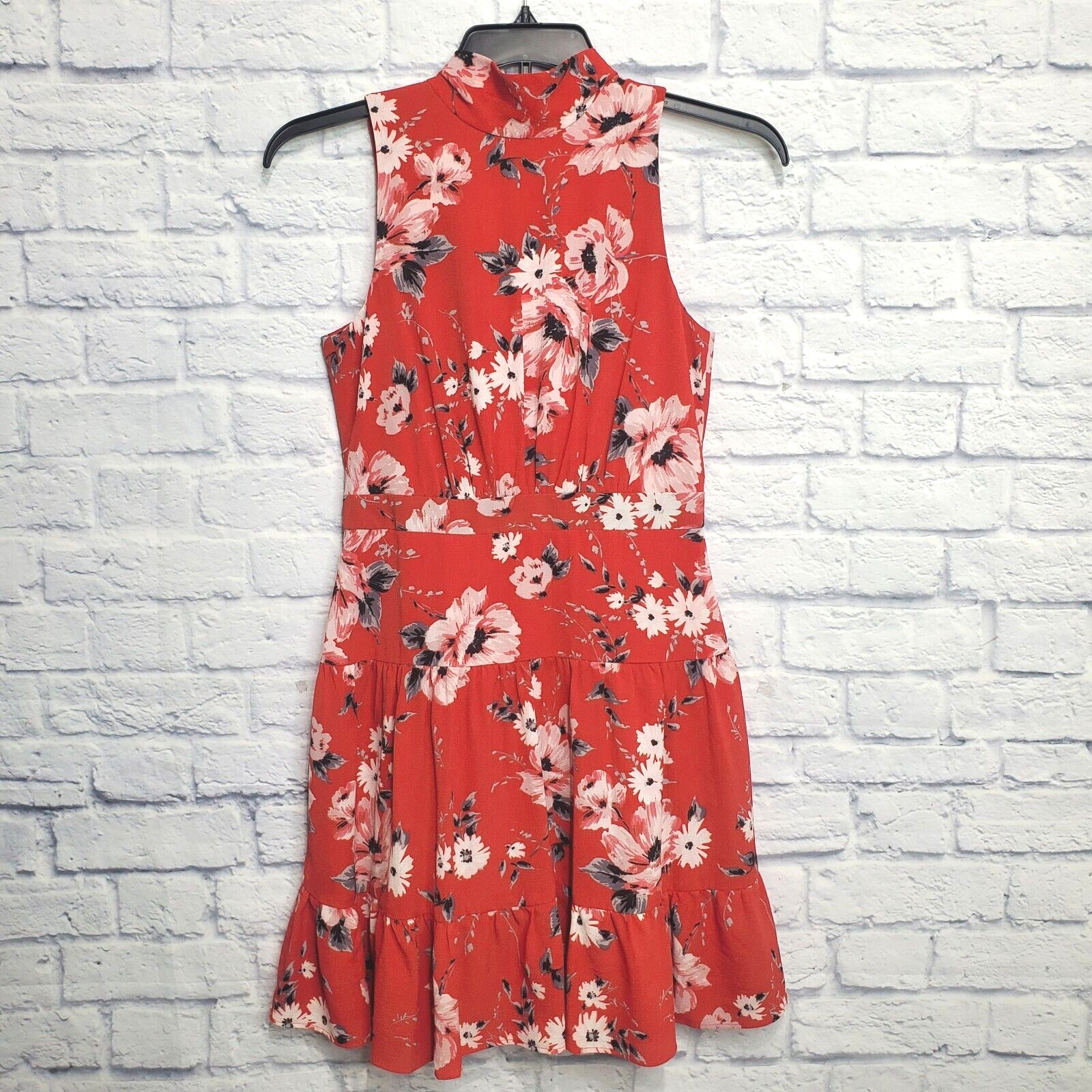 Elle Dress Womens Small Red Floral High Neck Ruffle Sleeveless Back Tie Summer