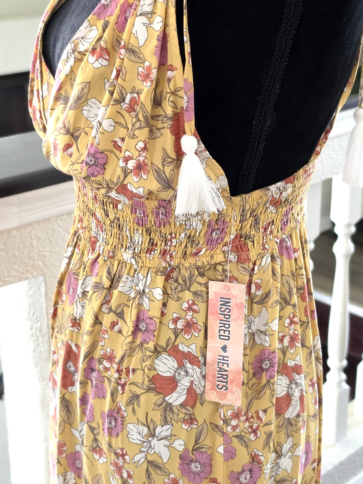 Inspired Hearts Yellow Floral V-Neck Tassel Tie Strappy Maxi Dress Womens L