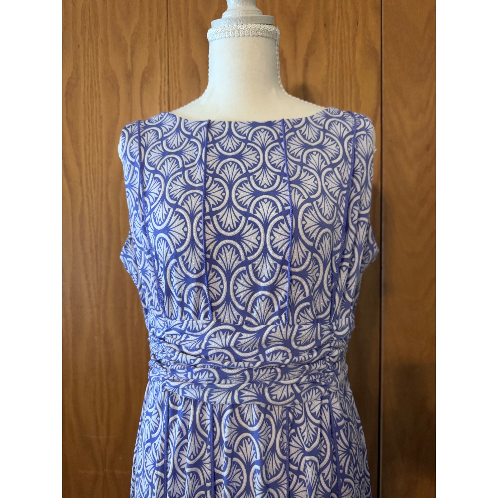Perceptions New York Purple White Geometric Fan Print Ruched Midi Dr Womens 14