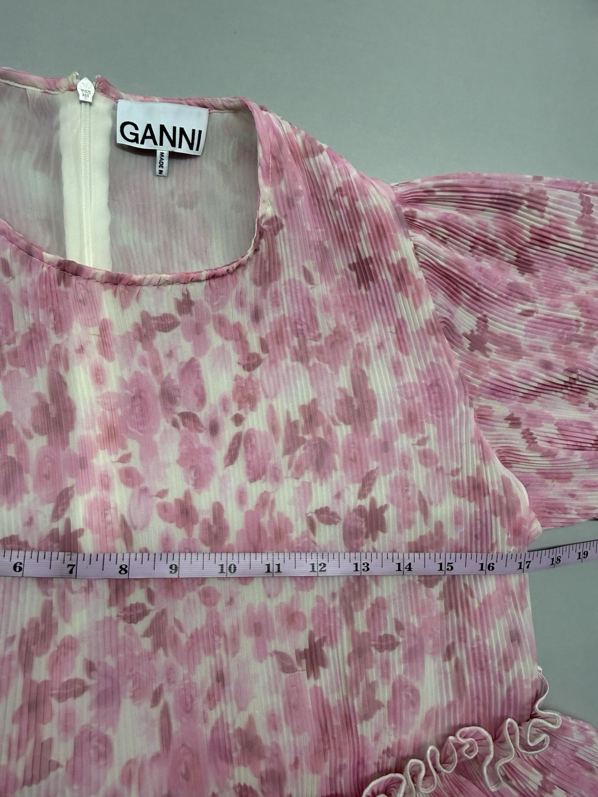 Ganni Pink Floral Plissé Georgette Tiered Mini Dress Sz 38 US 6 Medium