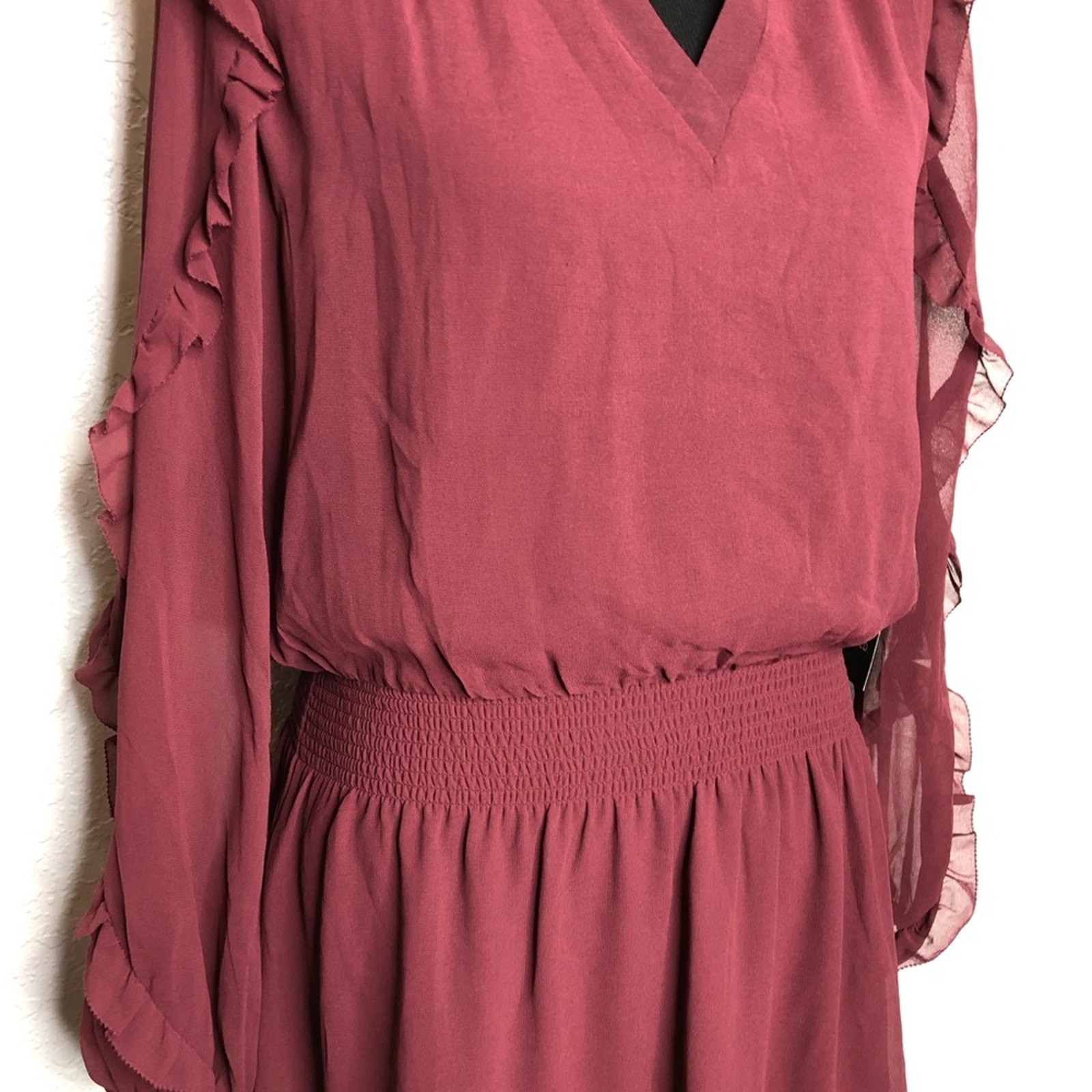 WHBM maroon wine sheer overlay ruffle trim blouson dress size Small NWT