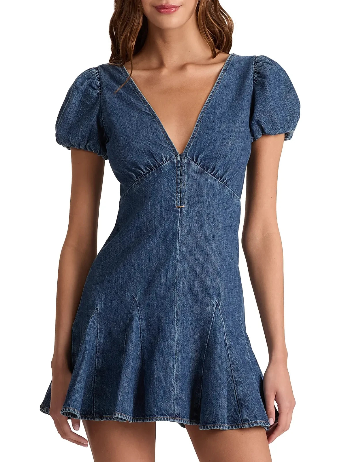 ALICE & OLIVIA (8) FARA CAMBRIA VINTAGE PUFF SLEEVE DENIM MINI DRESS NWTMSRP$495