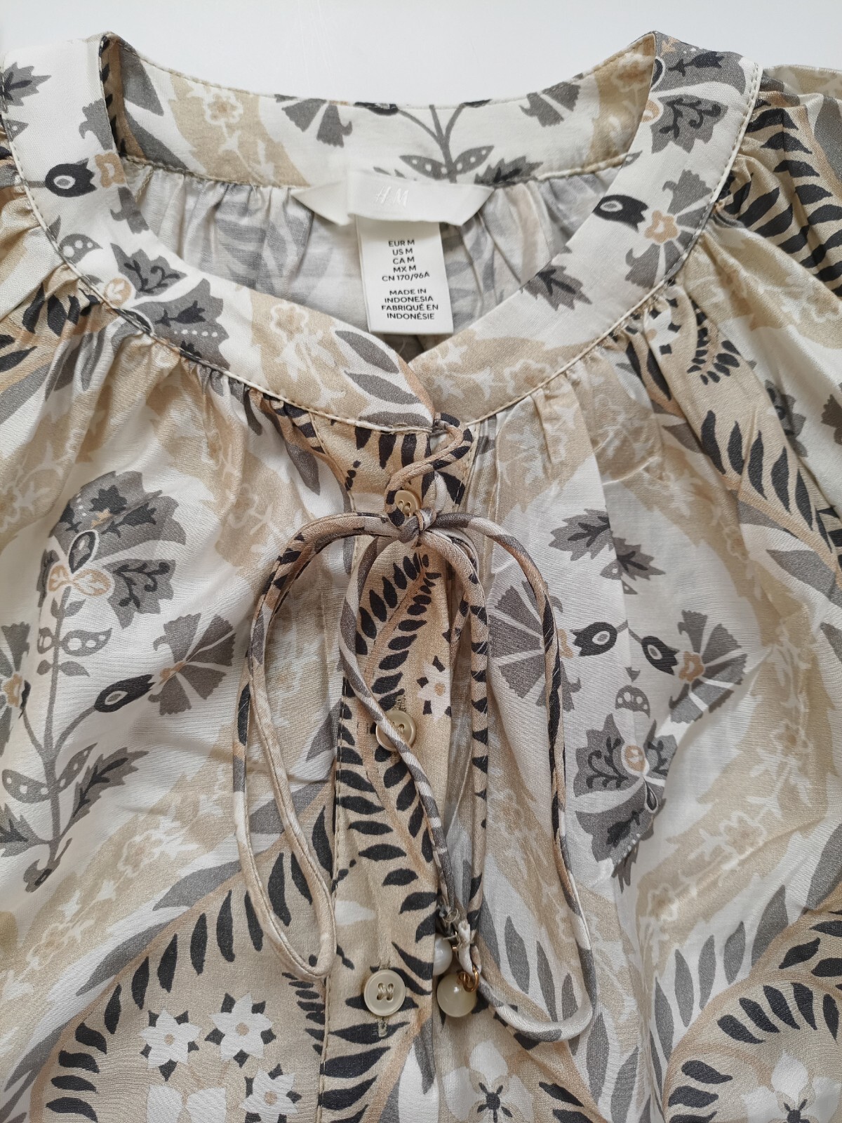 NWT H&M Loose-Fit Balloon-sleeved Viscose Maxi V-Neck Dress Beige/Patterned Sz M