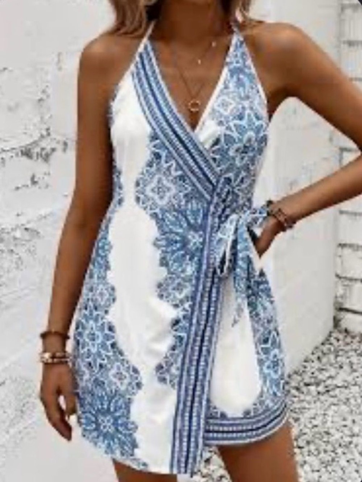 Source Unknown White & Blue Halter Wrap Mini Dress