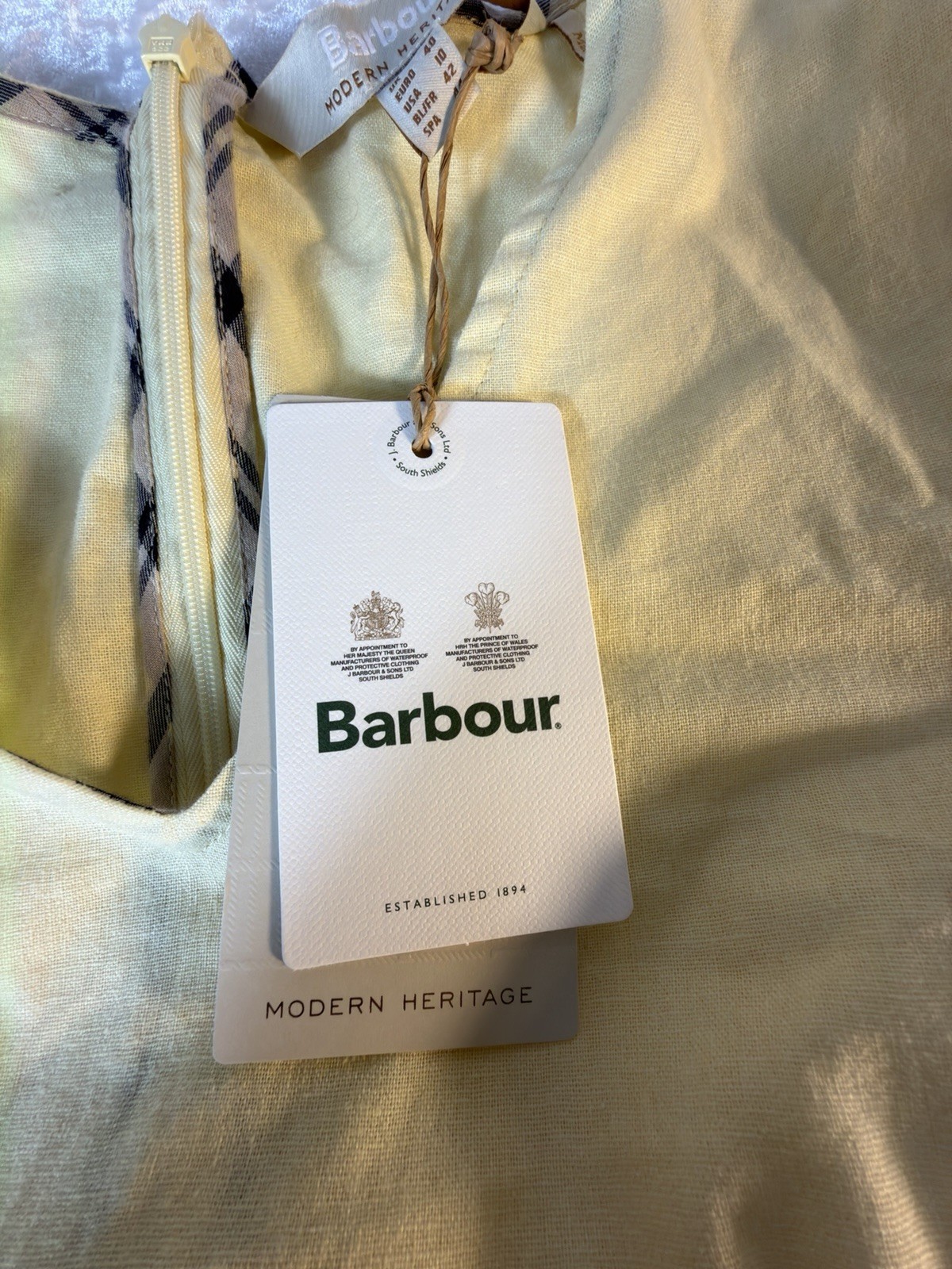 Barbour Yellow Linen Midi Dress Puff Sleeve Tie Back Womens 10 NWT