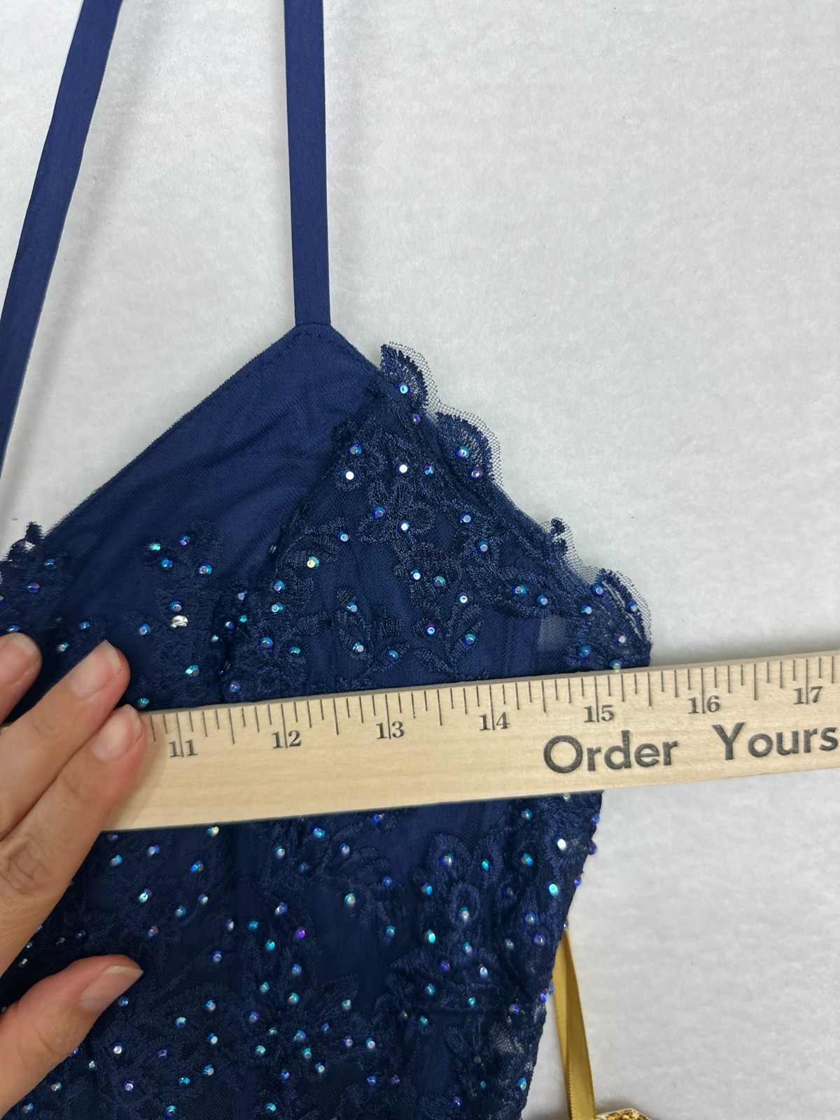 Say Yes Embroidered Ball Gown Juniors Size Navy Applique Side Slit Lace Up FLAW