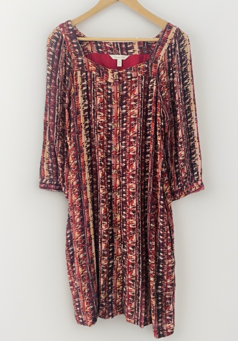 Garnet Hill Jardin Crepe Dress M Firesmoke Stripe A-line 3/4 Slv Square Neck