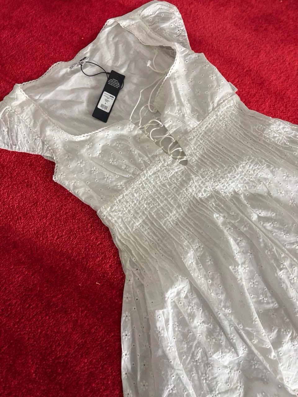 Fashion Nova White Eyelet Smocked Lace-Up Square Neck Mini Dress Size S