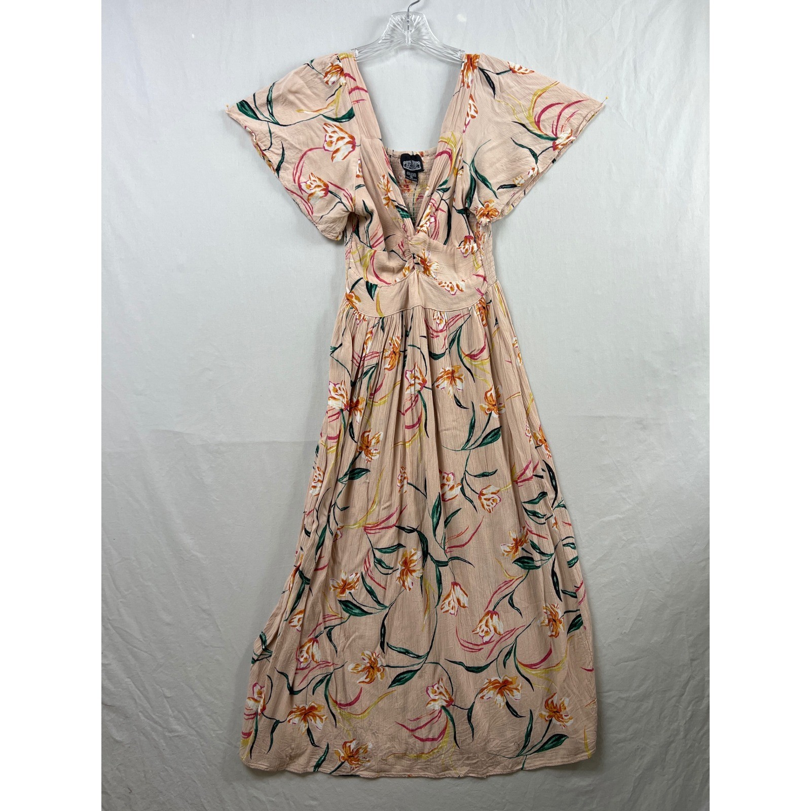 Angie Floral Maxi Dress Womens M Peach Pink Smocked V-Neck Flutter Sleeve Boho
