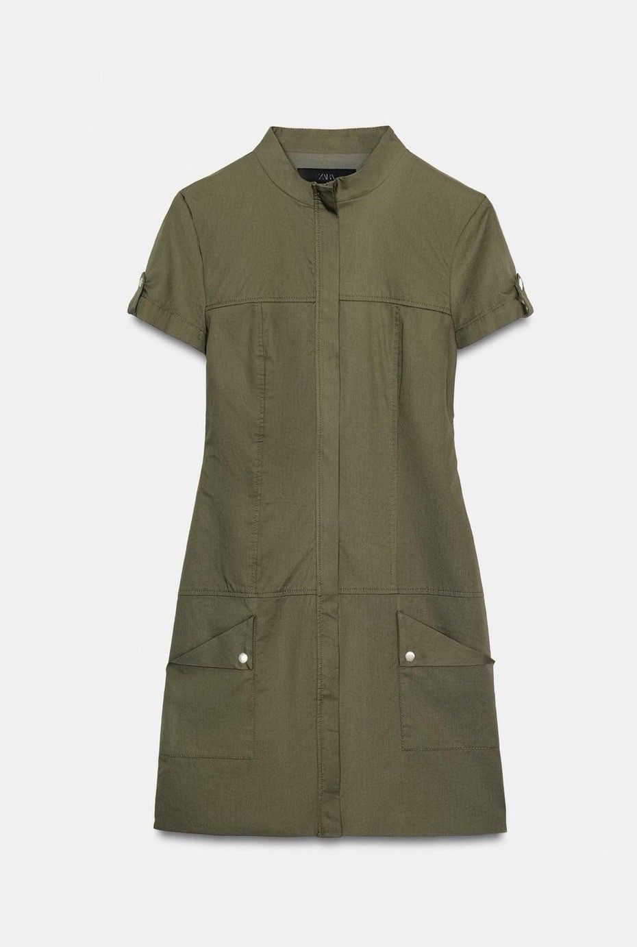 Zara Cotton Green Solid Shift Dress S Collared Zip Front Short Sleeve Pockets
