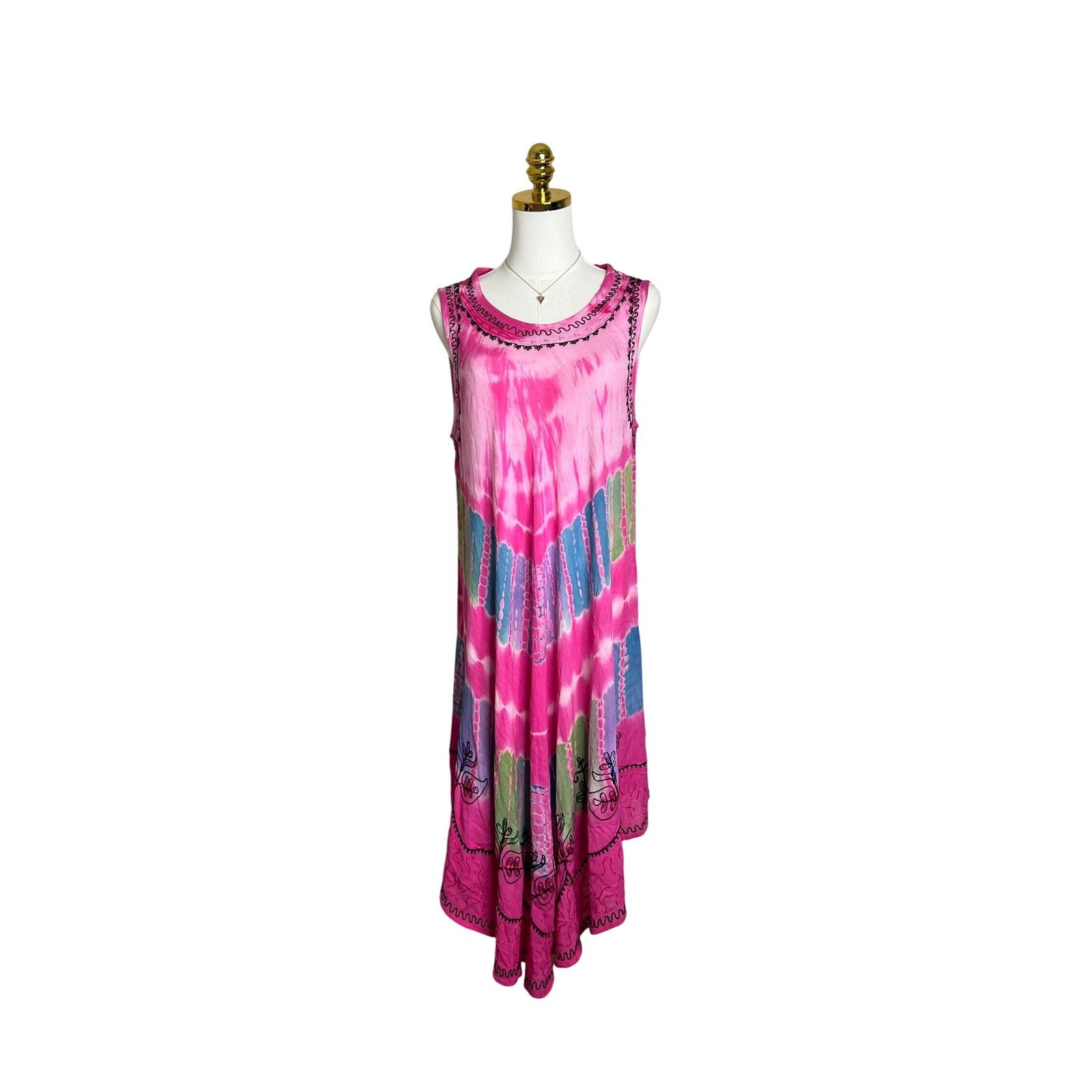 100% Cotton Pink Tie Dye Embroidered Sharkbite Hem Sleeveless Boho Midi Dress