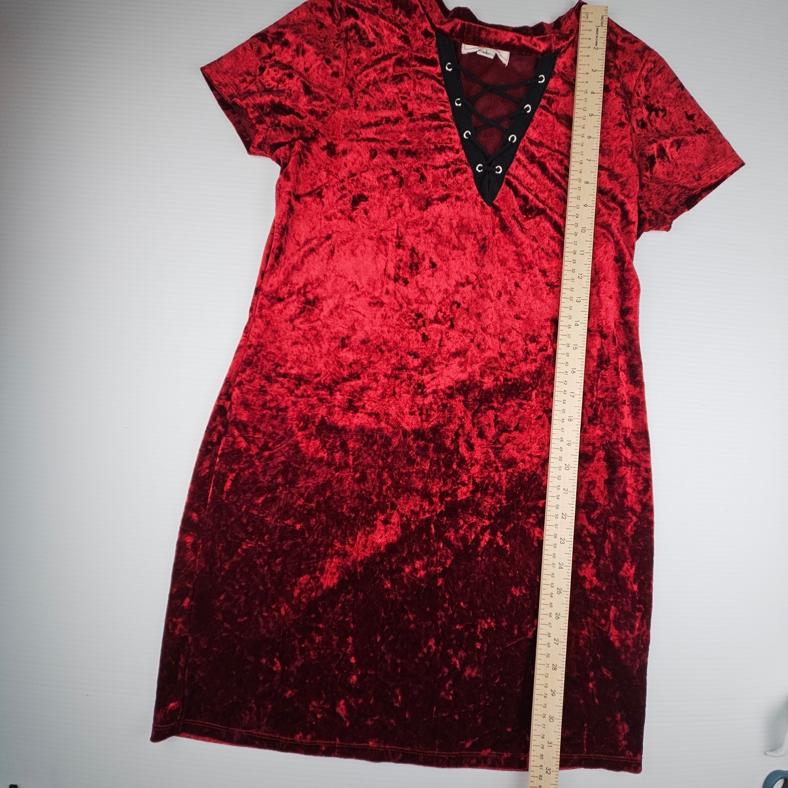 Adam Levine Red Crushed Velour Lace Up Mini Dress Short Sleeve Whimsigoth Y2K