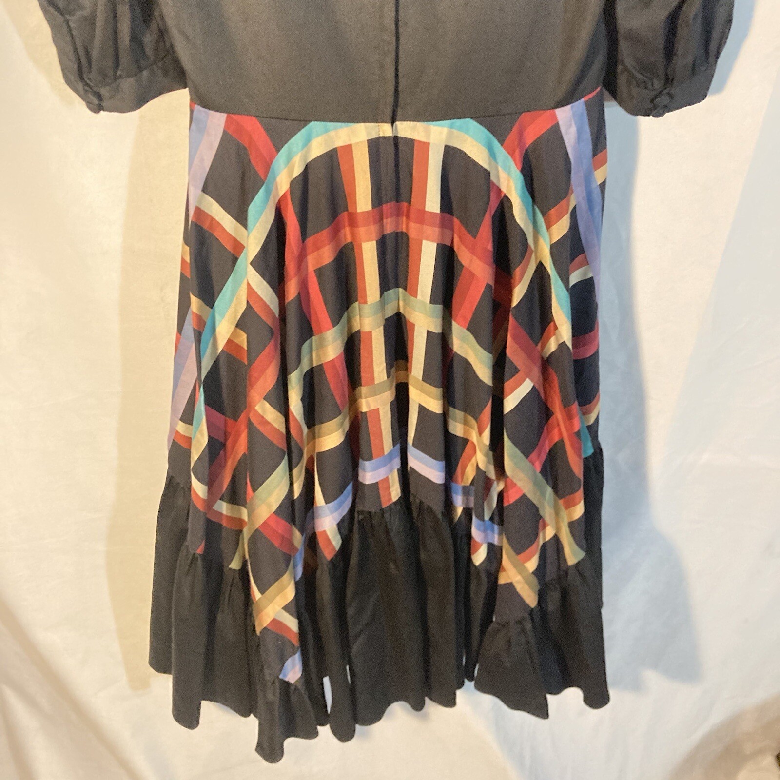 Vintage FINE FEATHERS black multicolor plaid scoop neck circle dress 10