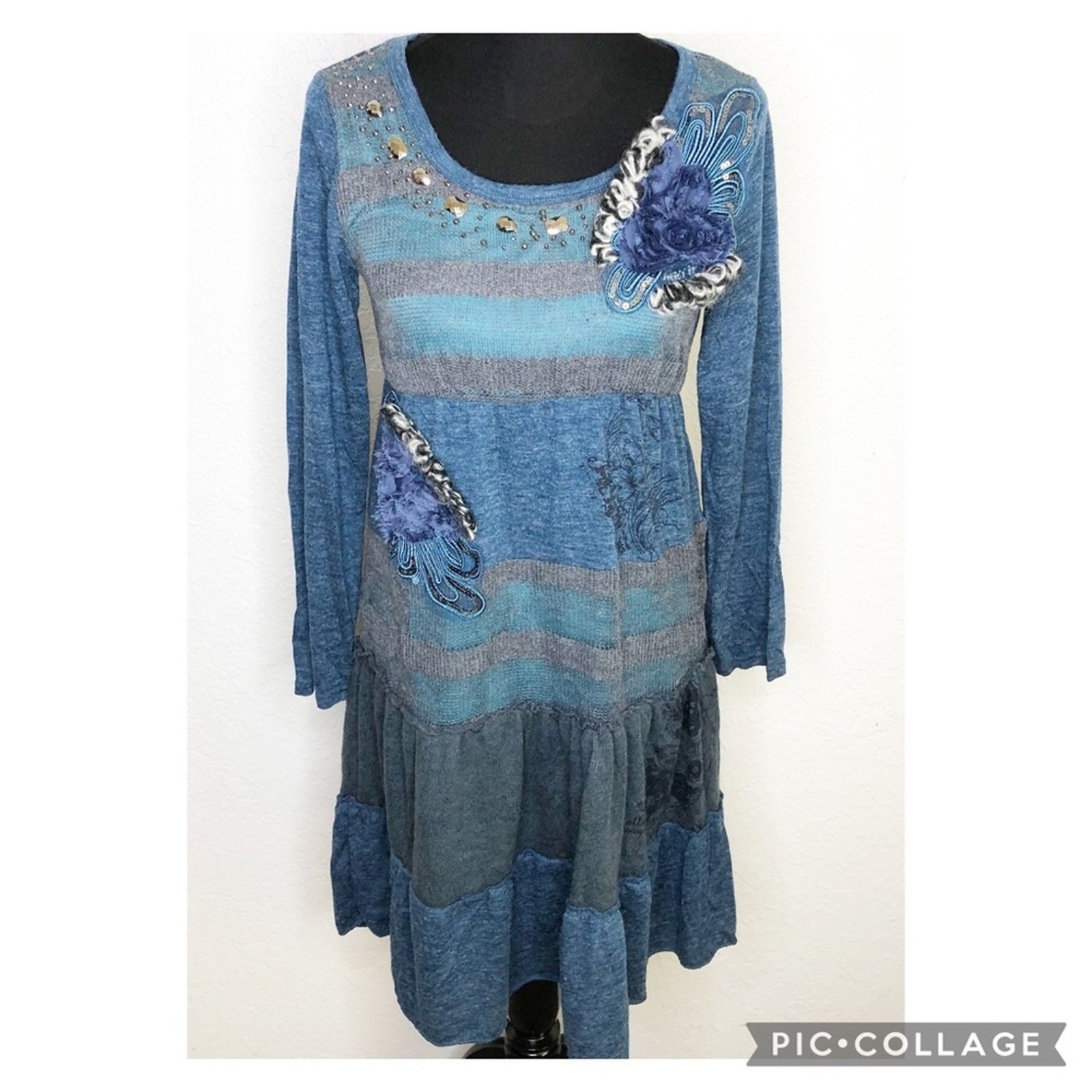 Pretty Angel dress womens Small teal blue gray floral applique beaded knit