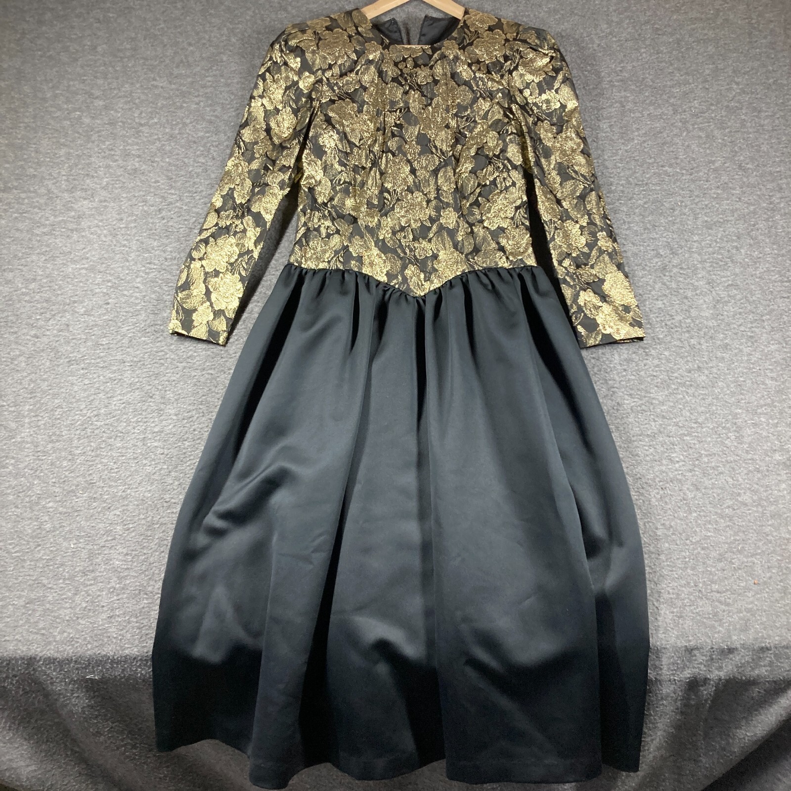 Vintage 80s Gold Lame Tapestry Ball Gown Formal Dress Womens 10 Black Lined