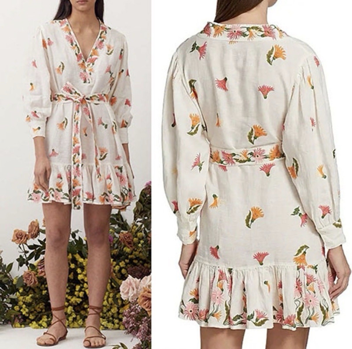Hannah Artwear Amalia Embroidered Linen Tie Mini Dress Marguerite Size 0 2