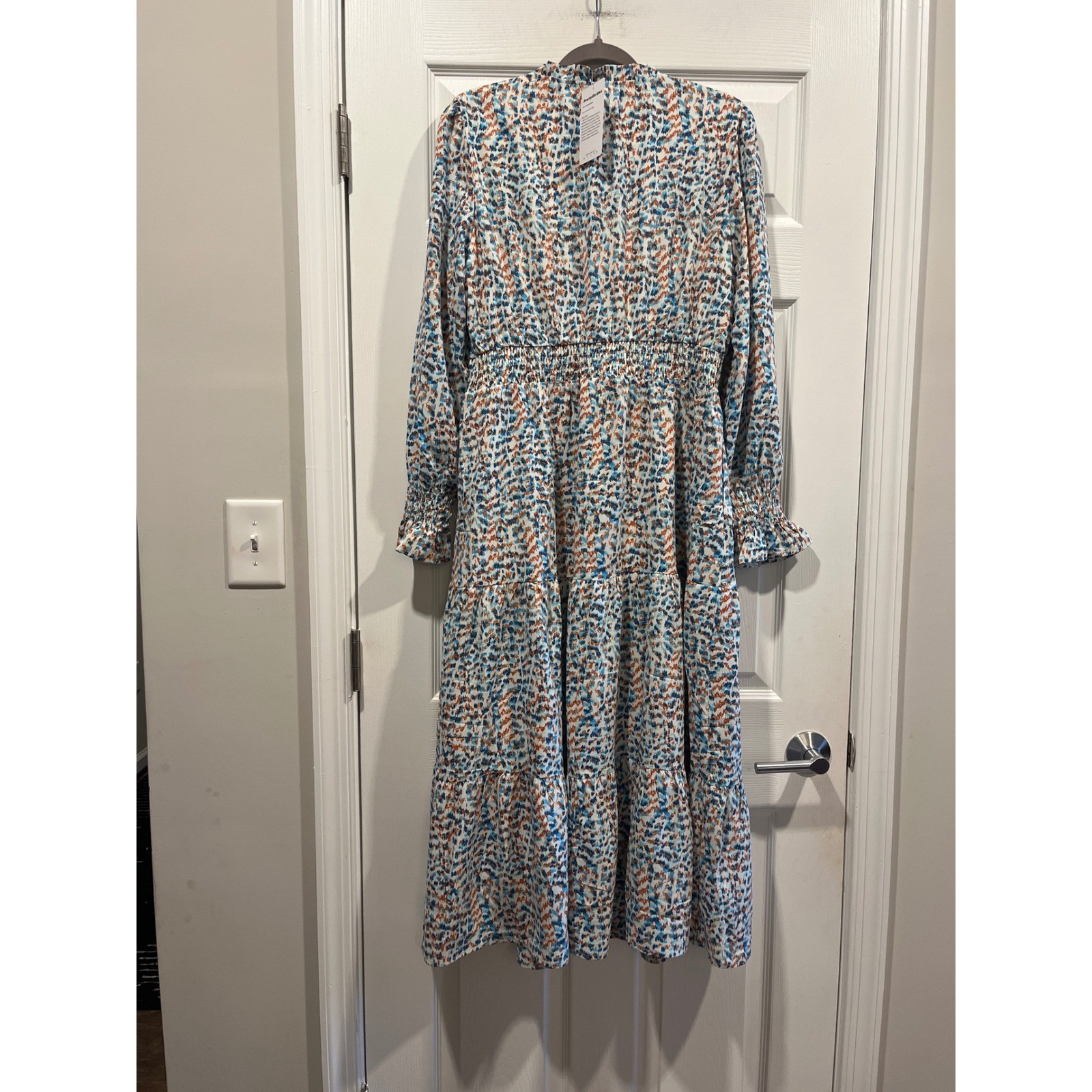 PrettyGarden Blue Orange Abstract Print Smocked Tiered Midi Dress Long Sleeve L