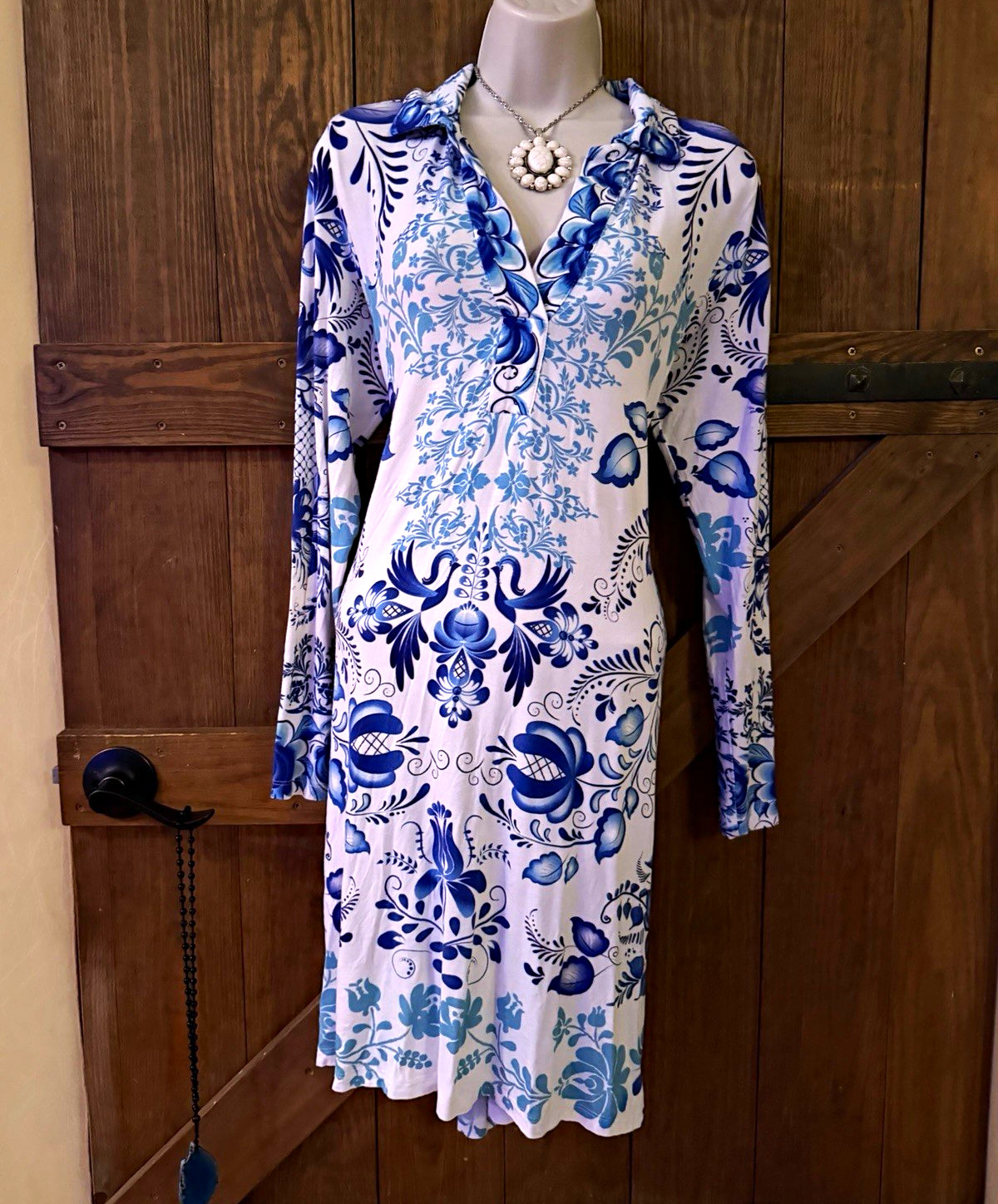 Ming Wang Womens White Blue Floral Collared Long Sleeve Shift Dress S