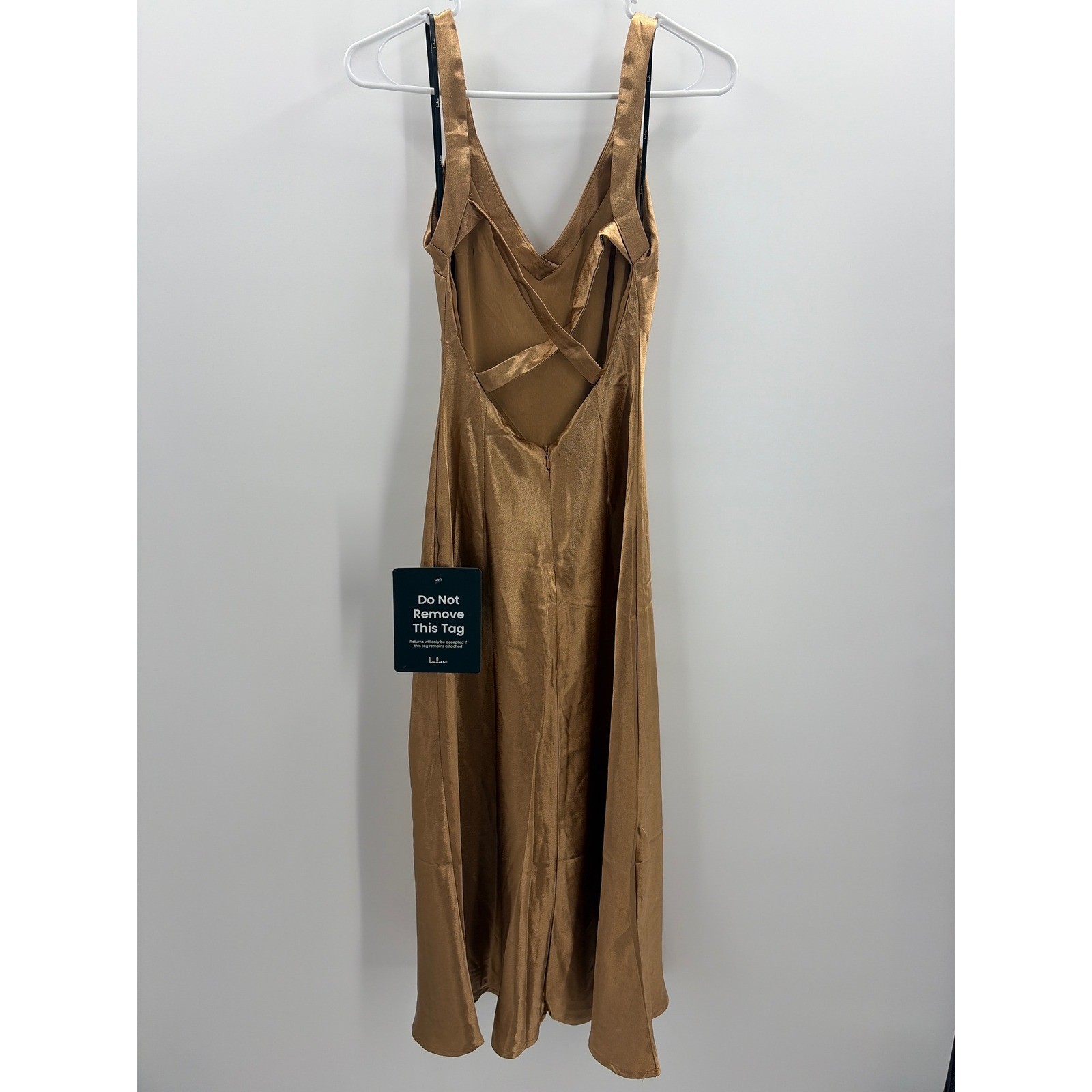 Lulus Perfectly Classy Gold Satin Strappy Midi Dress Open Back XS NEW