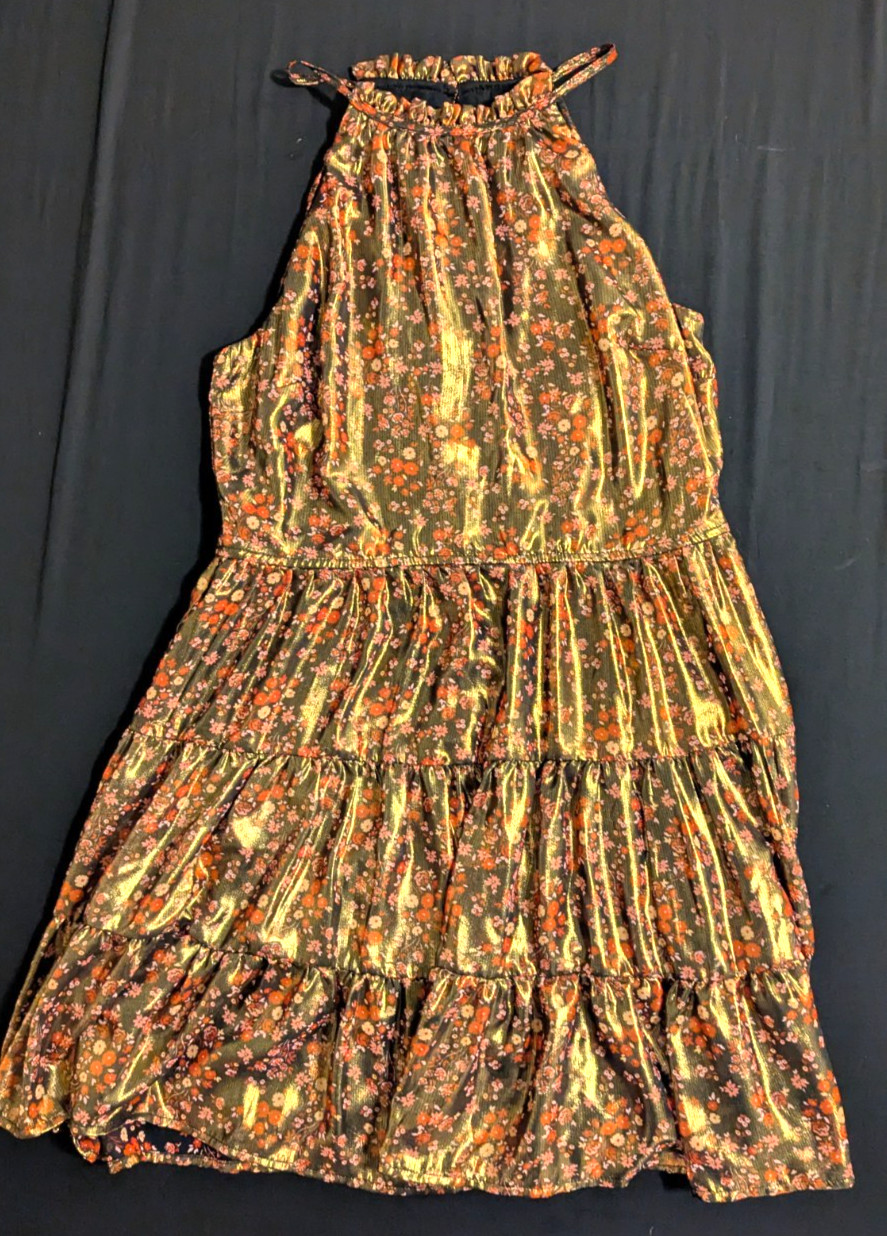 TRIXXI Gold Brown Floral Metallic Shiny Halter Tiered Bronze Dress NWT L#006