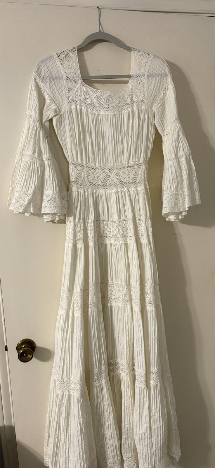 Vintage 1970s Hand-Sewn Ivory Lace Square Neck Maxi Dress w/Bell Sleeves